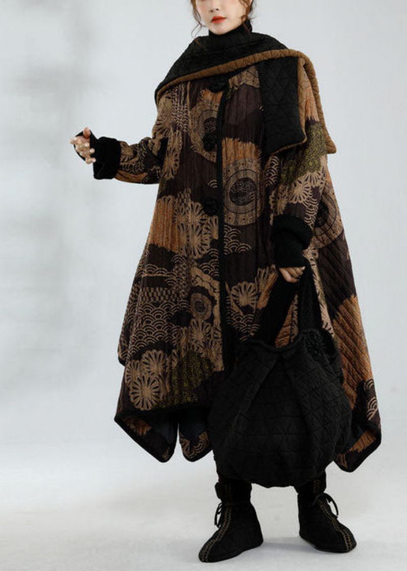 Stilfuld Sort Asymmetrisk Design Oversized Print Fine Bomuldsfyldte Trenchcoats Vinter - Dame trenchcoats