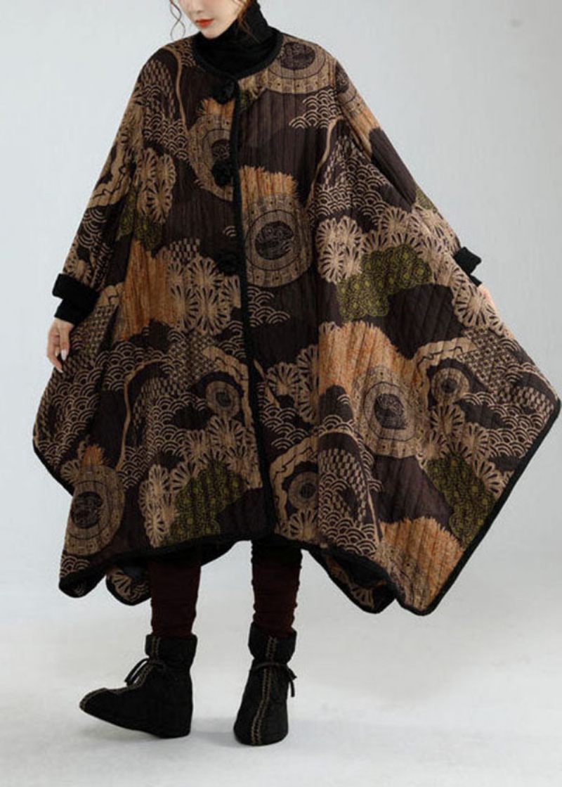 Stilfuld Sort Asymmetrisk Design Oversized Print Fine Bomuldsfyldte Trenchcoats Vinter - Dame trenchcoats