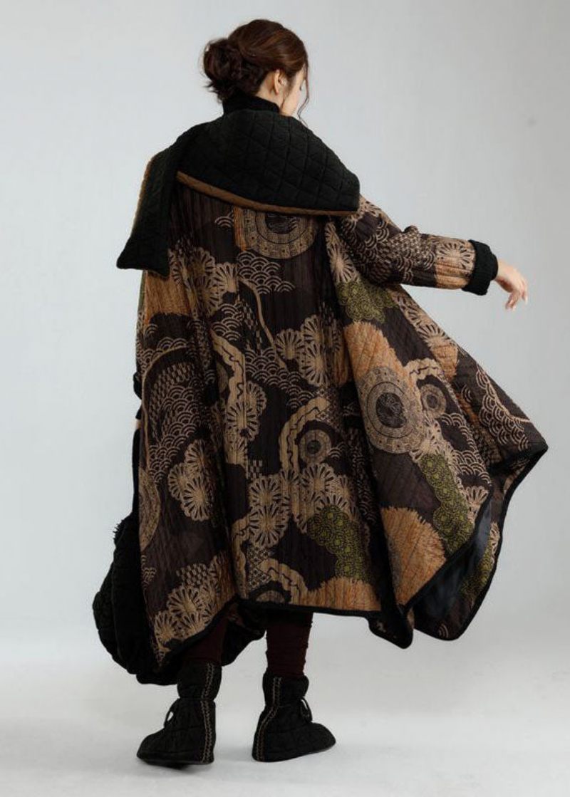 Stilfuld Sort Asymmetrisk Design Oversized Print Fine Bomuldsfyldte Trenchcoats Vinter - Dame trenchcoats