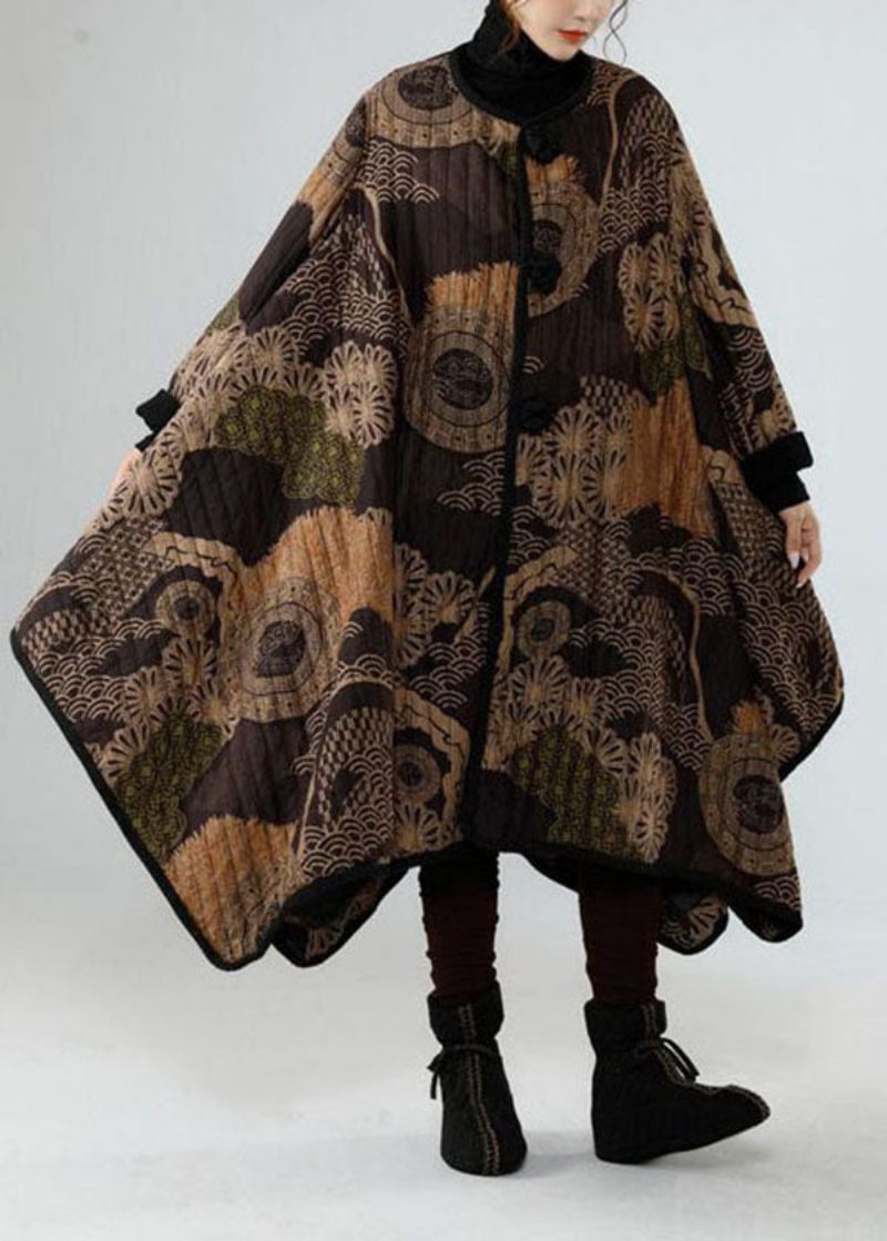 Stilfuld Sort Asymmetrisk Design Oversized Print Fine Bomuldsfyldte Trenchcoats Vinter - Dame trenchcoats