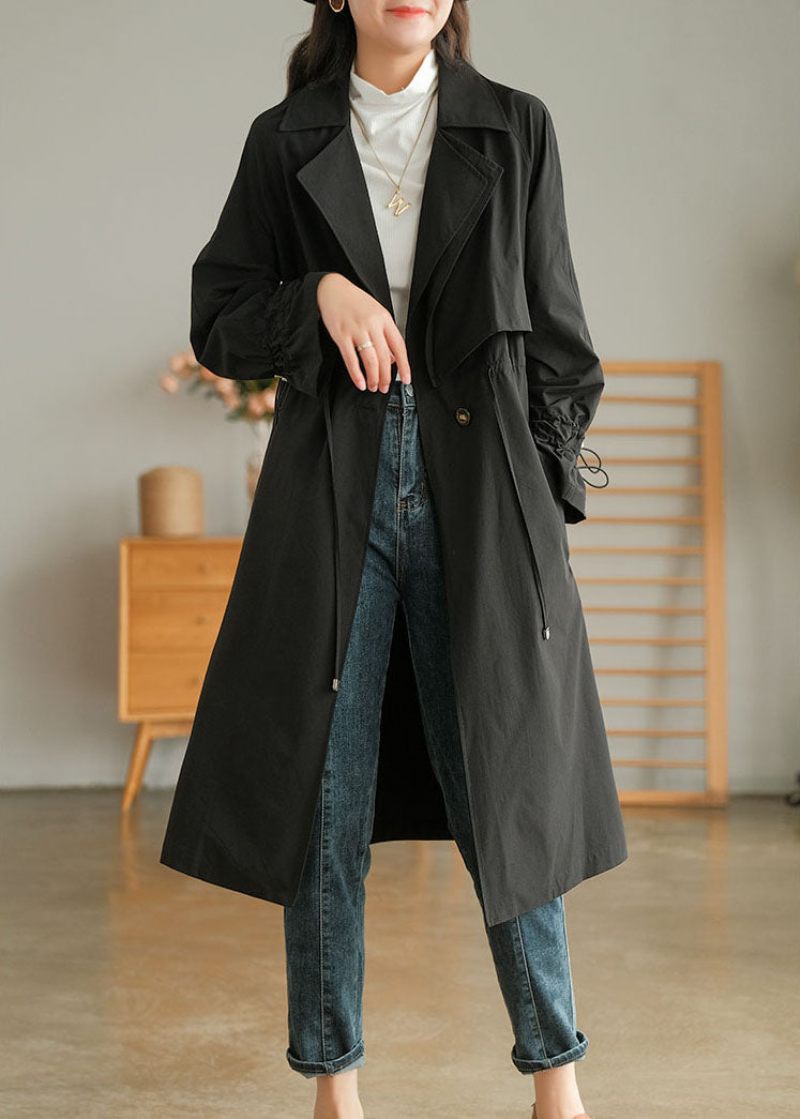 Stilfuld Sort Peter Pan Krave Træksnor Bomuld Trench Coat Outwear Efterår - Sort