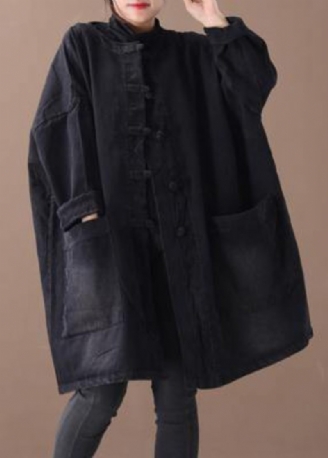 Style Denim Sort Fint Tøj Til Kvinder O Hals Kinesisk Knap Outwear