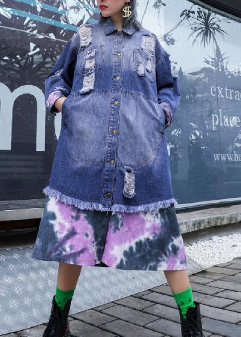 Style Denimblå Patchwork Fine Tunikaer Til Kvinder Stoffer Flåede Efterårsjakker - Dame trenchcoats