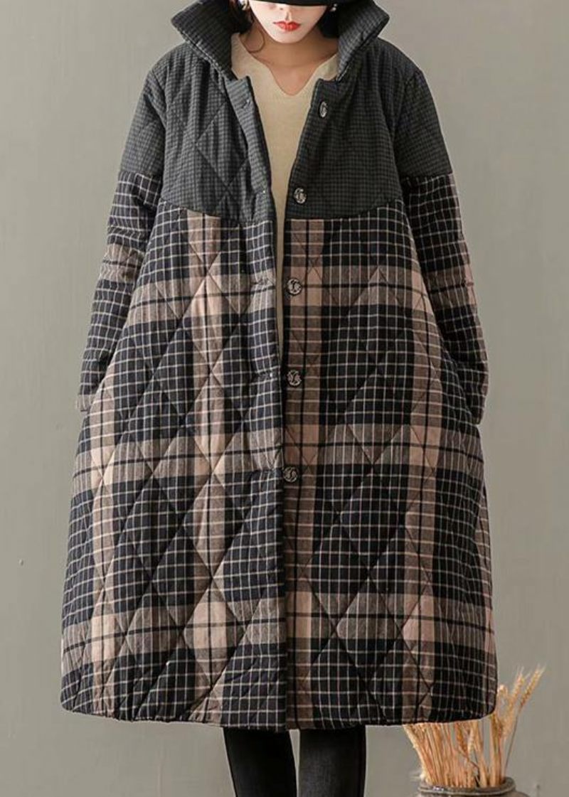 Tykke Grå Plaid Frakker Plus Size Beklædning Stand Krave Button Down Outwear