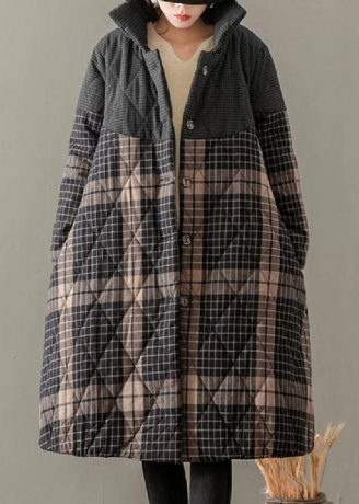 Tykke Grå Plaid Frakker Plus Size Beklædning Stand Krave Button Down Outwear