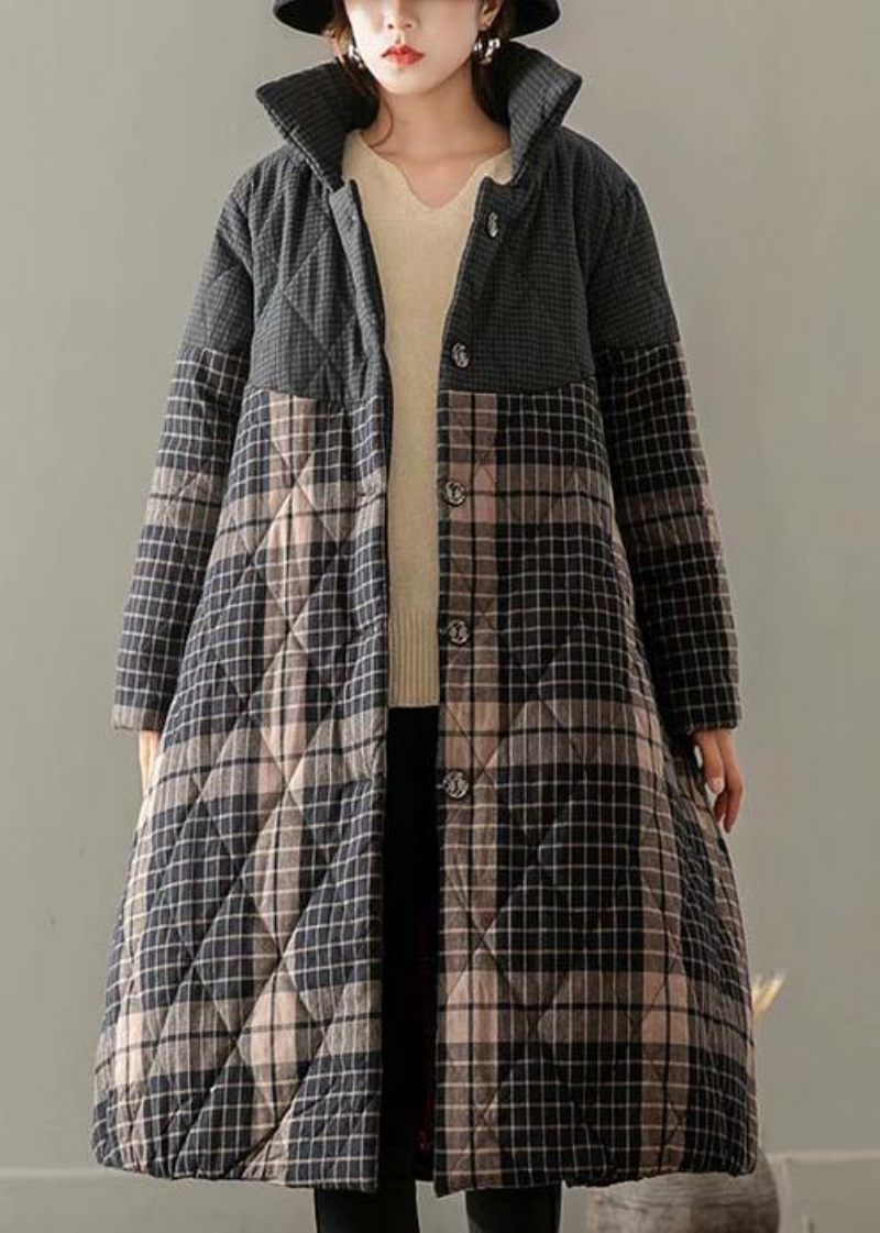 Tykke Grå Plaid Frakker Plus Size Beklædning Stand Krave Button Down Outwear - Gul