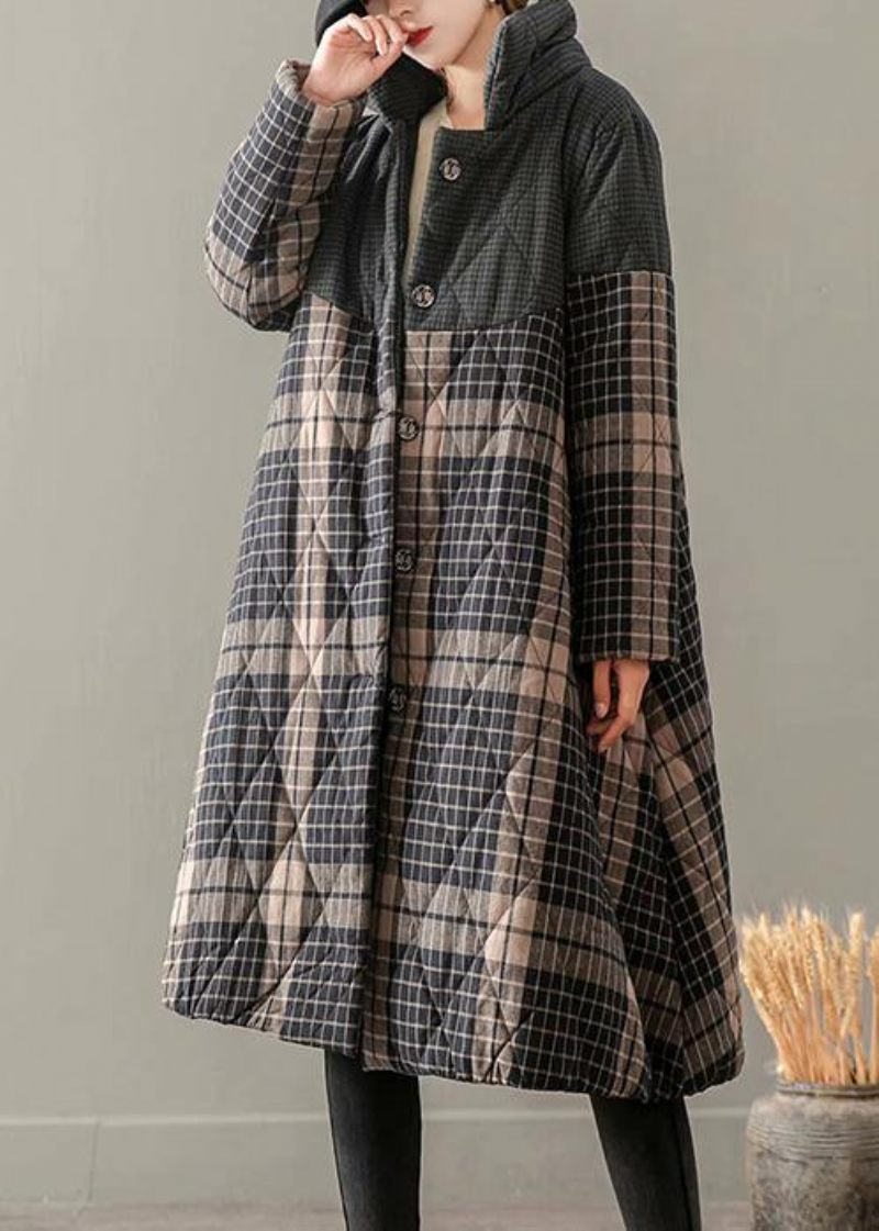 Tykke Grå Plaid Frakker Plus Size Beklædning Stand Krave Button Down Outwear - Gul