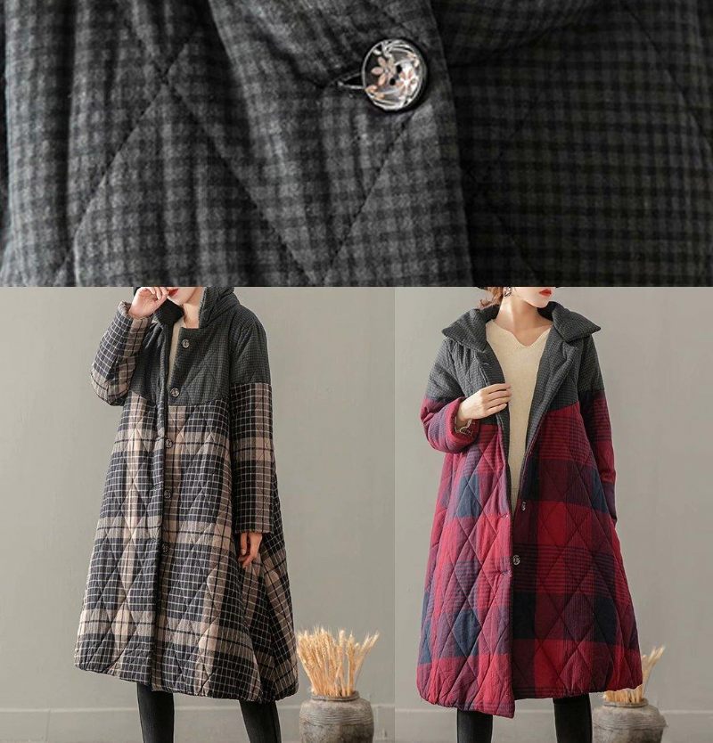 Tykke Grå Plaid Frakker Plus Size Beklædning Stand Krave Button Down Outwear - Gul