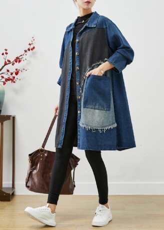 Unik Blå Asymmetrisk Patchwork Denim Trenchcoats Efterår