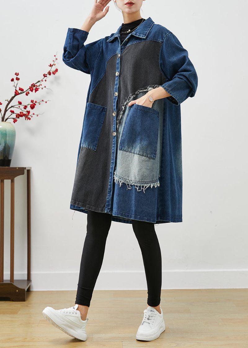 Unik Blå Asymmetrisk Patchwork Denim Trenchcoats Efterår - Dame trenchcoats