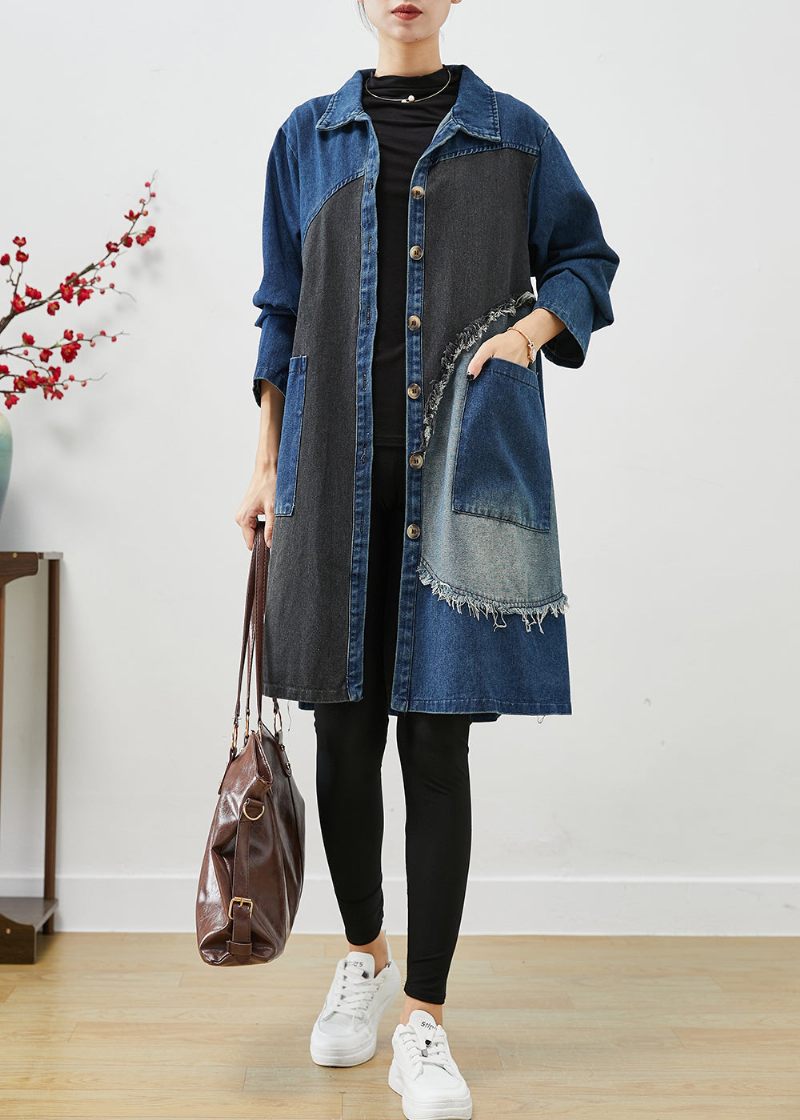 Unik Blå Asymmetrisk Patchwork Denim Trenchcoats Efterår - Dame trenchcoats