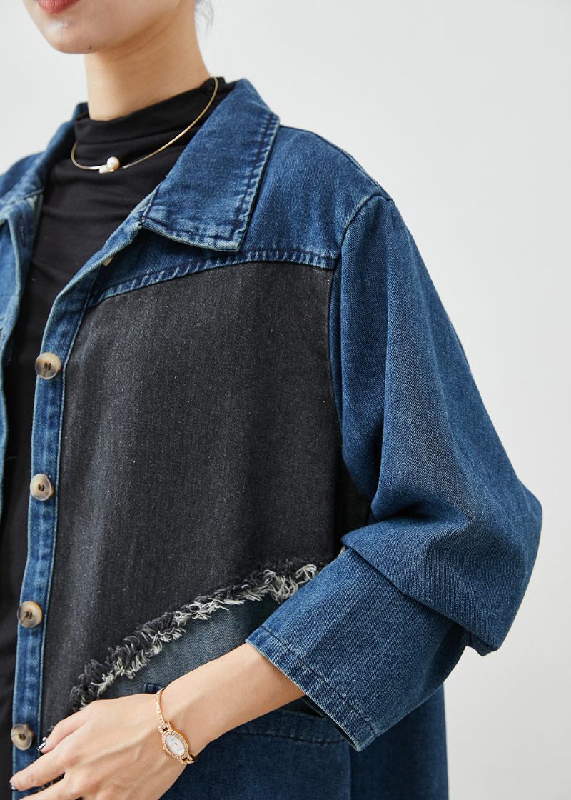 Unik Blå Asymmetrisk Patchwork Denim Trenchcoats Efterår - Dame trenchcoats