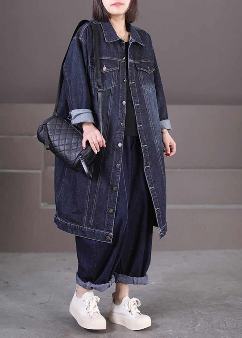 Unik Mørkeblå Peter Pan Kravelommer Patchwork Knap Denim Lang Trenchcoat Efterår - Dame trenchcoats