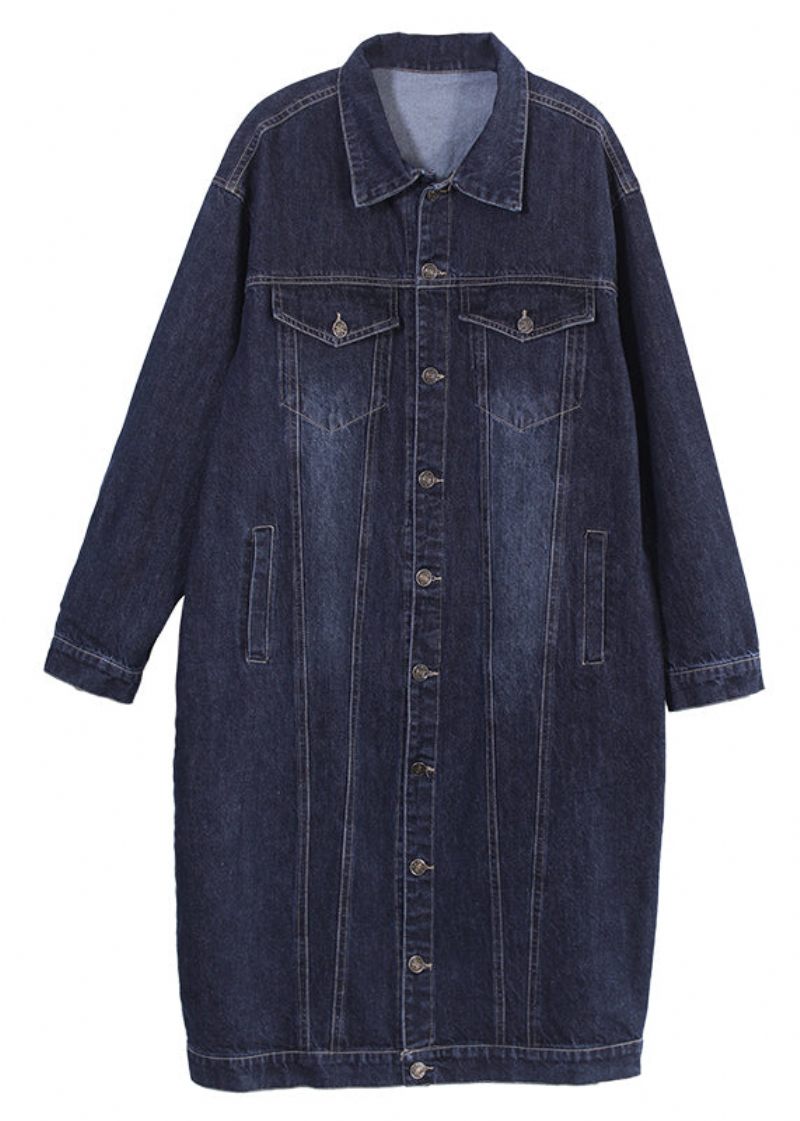 Unik Mørkeblå Peter Pan Kravelommer Patchwork Knap Denim Lang Trenchcoat Efterår - Dame trenchcoats