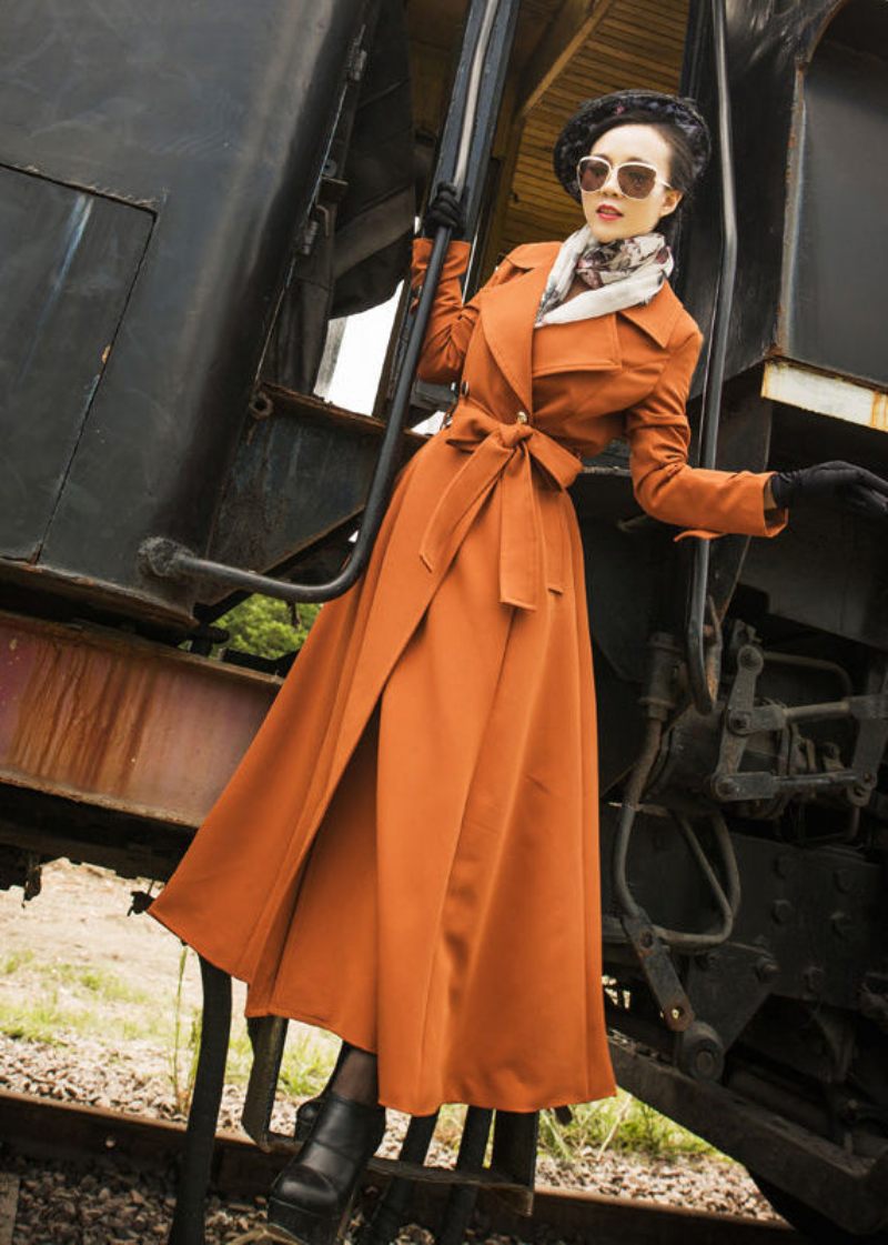 Unik Orange Silm Fit Double Breast Bomuld Frakke Outwear Spring - Dame trenchcoats