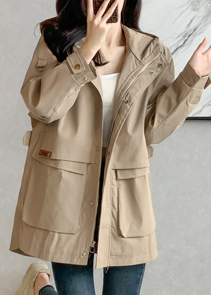 Unikke Khaki Lynlås Patchwork Lommer Hættede Trench Coats Langærmede