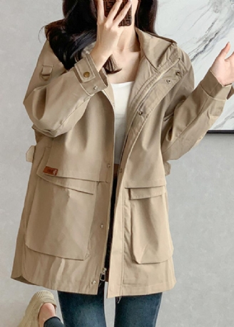 Unikke Khaki Lynlås Patchwork Lommer Hættede Trench Coats Langærmede