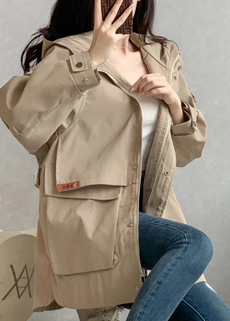 Unikke Khaki Lynlås Patchwork Lommer Hættede Trench Coats Langærmede - Khaki