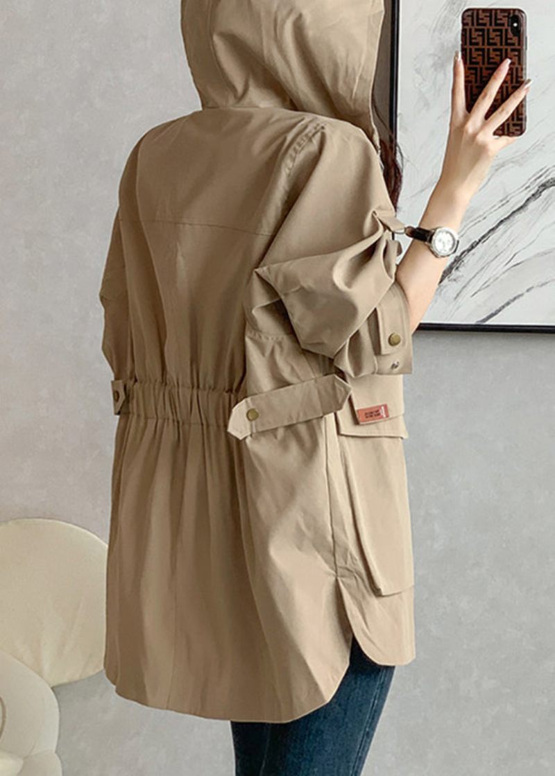 Unikke Khaki Lynlås Patchwork Lommer Hættede Trench Coats Langærmede - Khaki