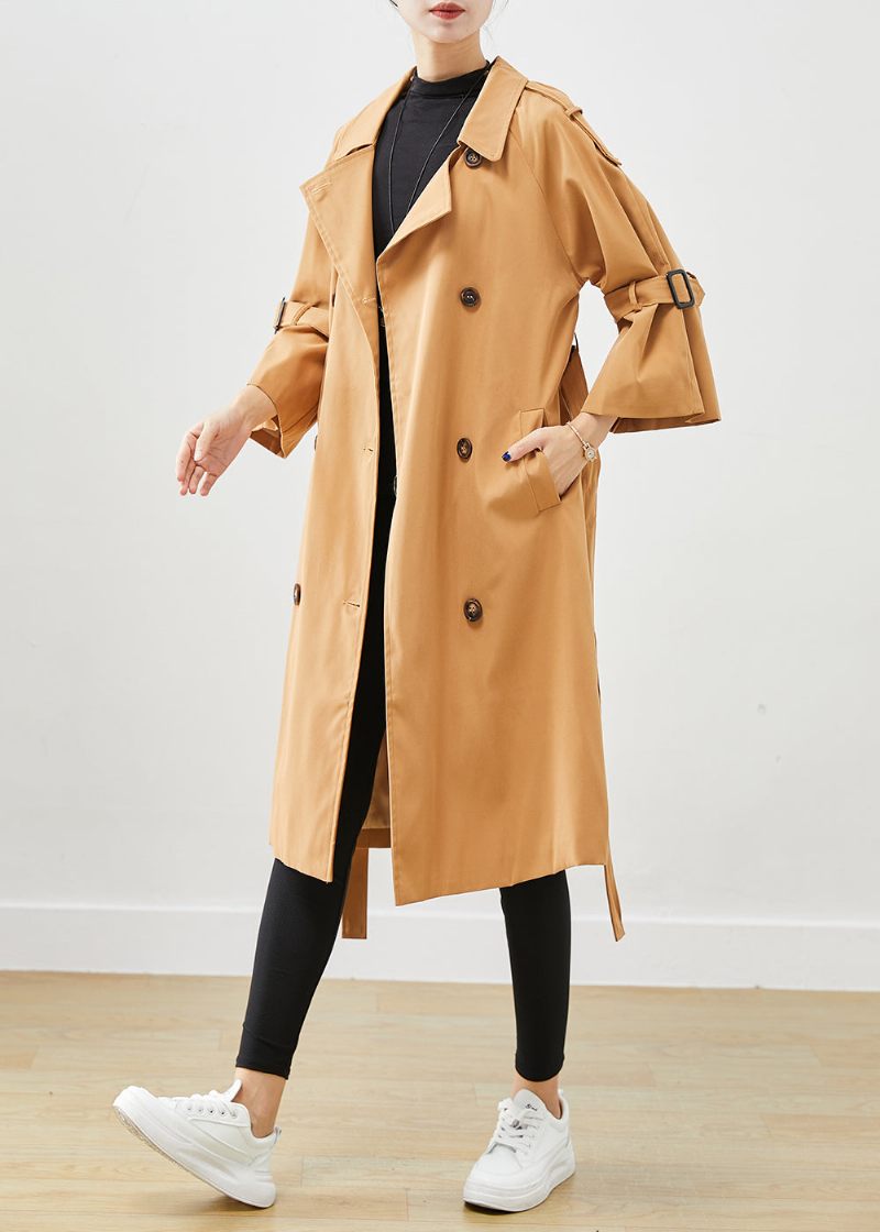 Unikke Khaki Notched Double Breast Silm Fit Trench Coats I Bomuld Efterår