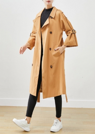 Unikke Khaki Notched Double Breast Silm Fit Trench Coats I Bomuld Efterår