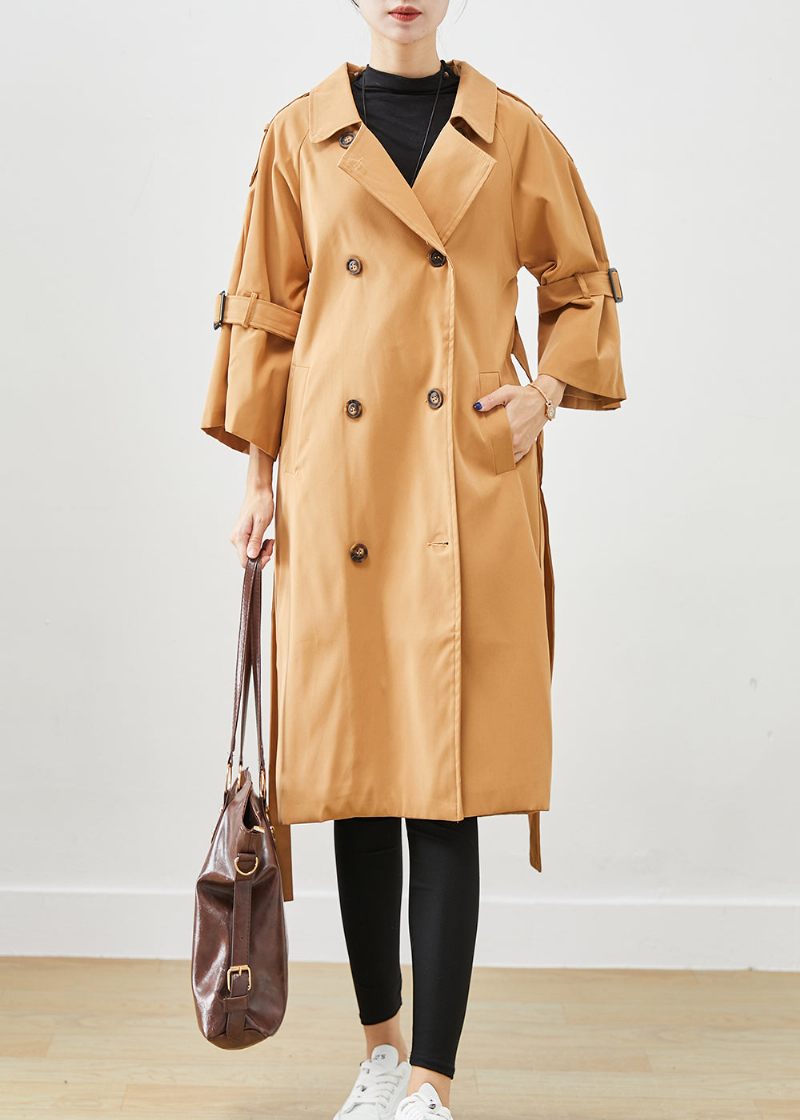 Unikke Khaki Notched Double Breast Silm Fit Trench Coats I Bomuld Efterår - Dame trenchcoats