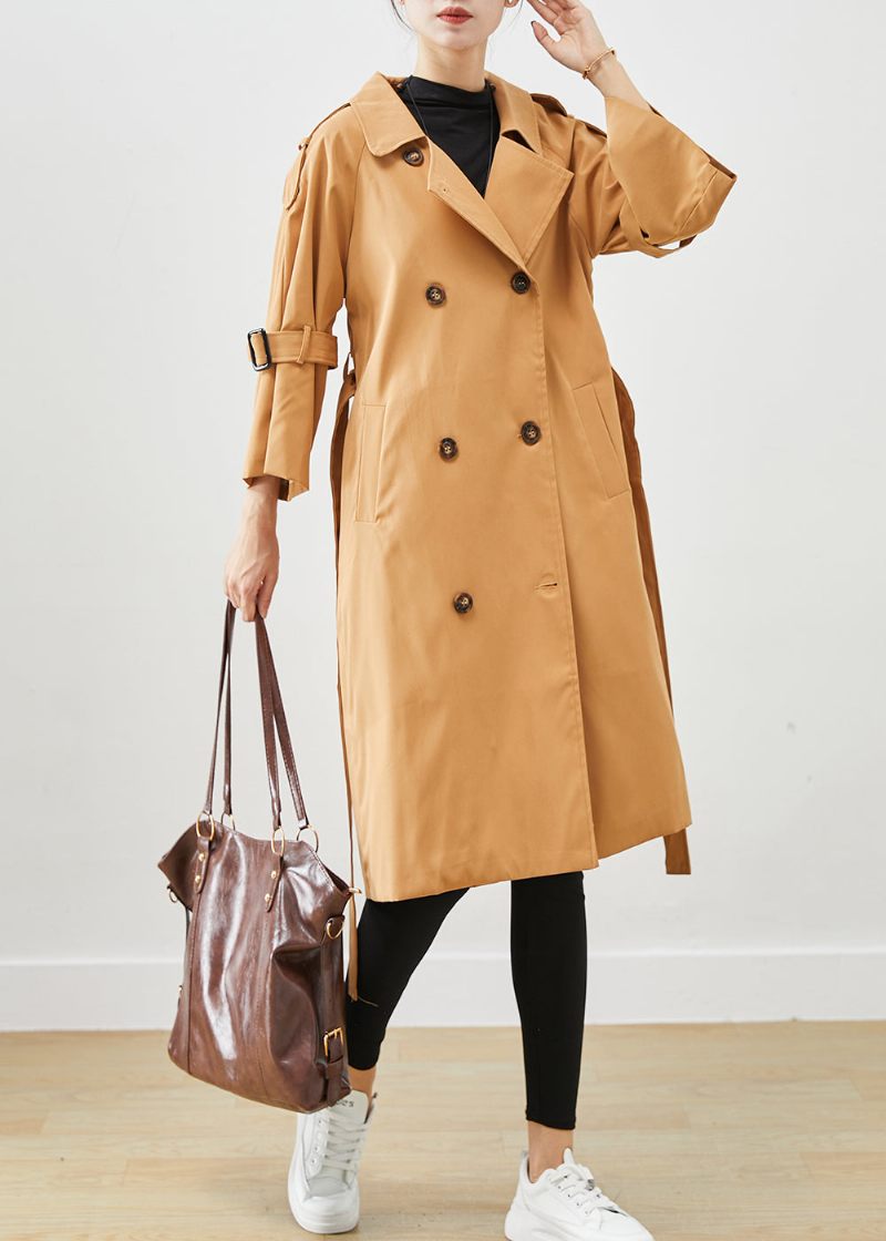 Unikke Khaki Notched Double Breast Silm Fit Trench Coats I Bomuld Efterår - Dame trenchcoats