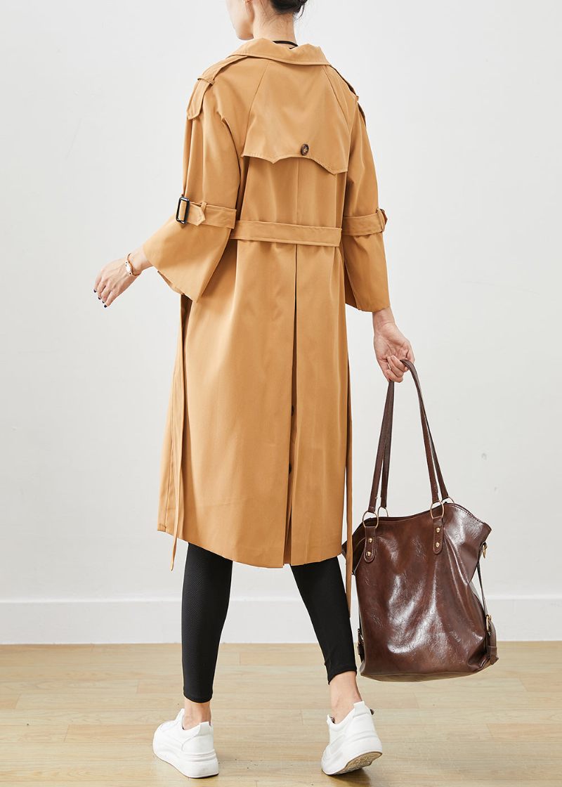 Unikke Khaki Notched Double Breast Silm Fit Trench Coats I Bomuld Efterår - Dame trenchcoats