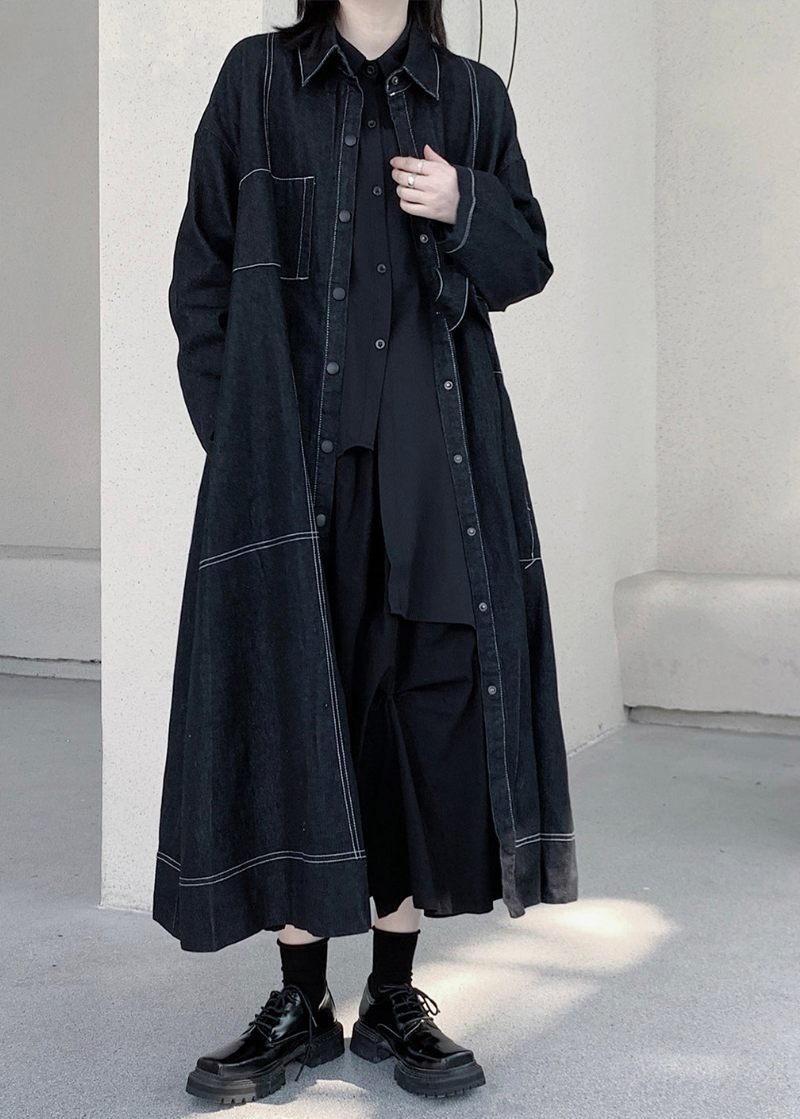 Unikke Mørkeblå Peter Pan Krave Patchwork Lommer Maxi Denim Trench Coats Langærmede