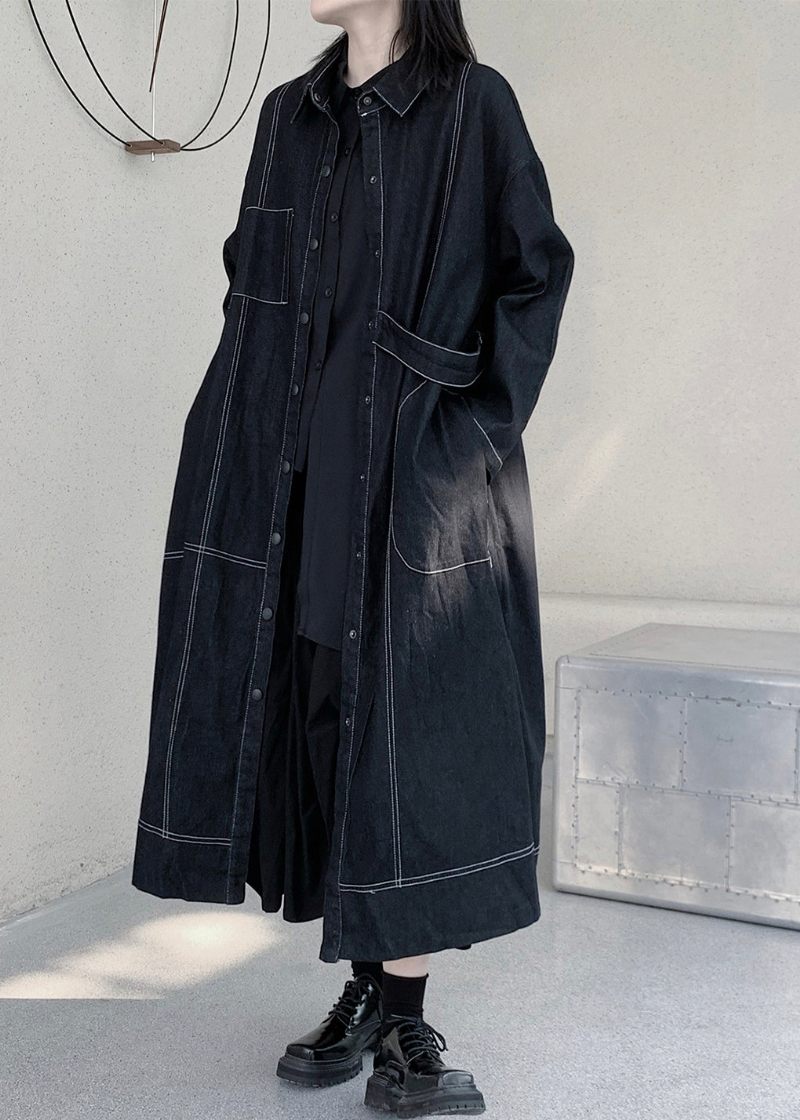 Unikke Mørkeblå Peter Pan Krave Patchwork Lommer Maxi Denim Trench Coats Langærmede - Dame trenchcoats