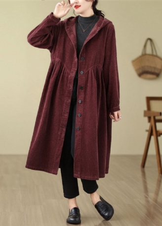 Unikke Mulberry Patchwork Rynket Knap Corduroy Hooded Trench Coats Fall