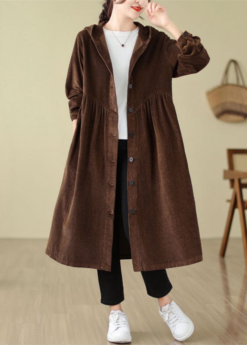 Unikke Mulberry Patchwork Rynket Knap Corduroy Hooded Trench Coats Fall - Mulberry