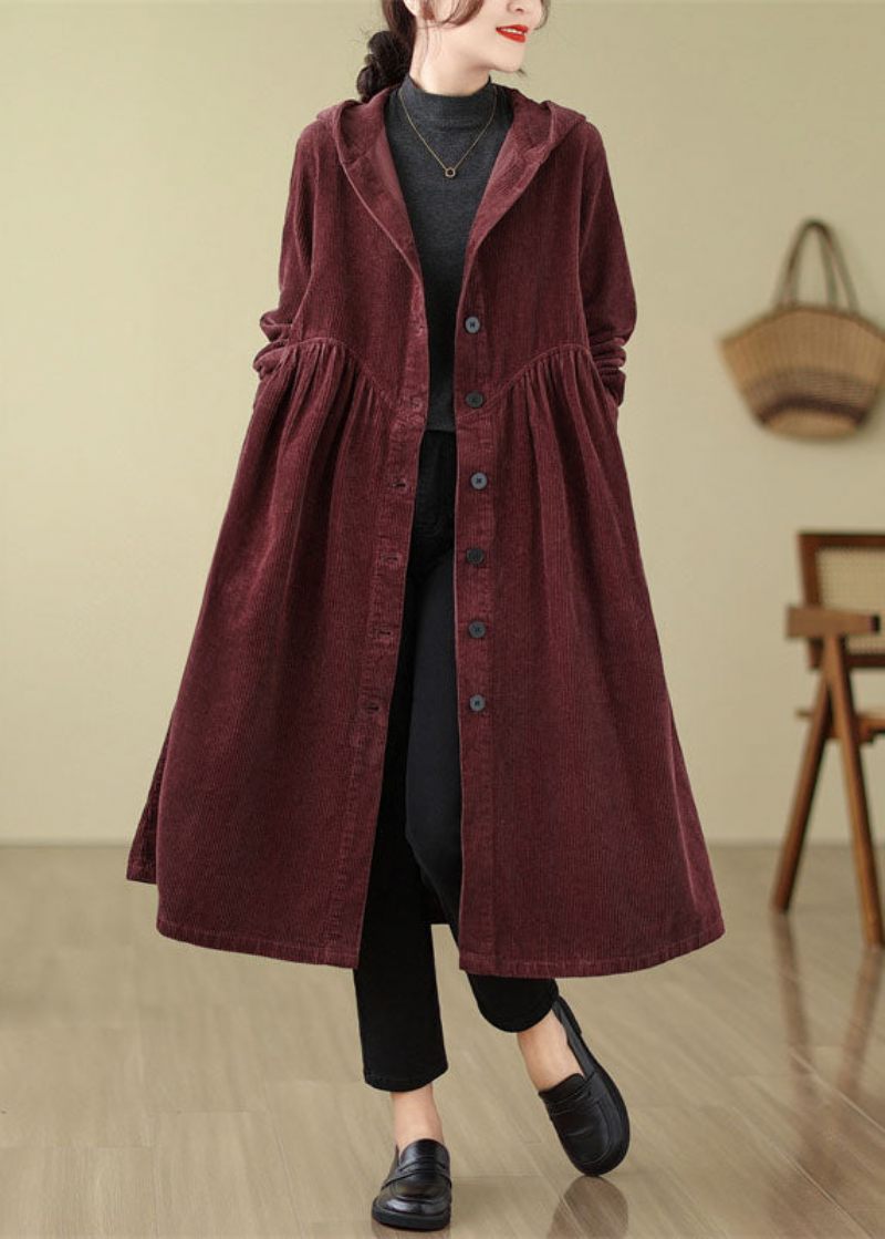 Unikke Mulberry Patchwork Rynket Knap Corduroy Hooded Trench Coats Fall - Mulberry