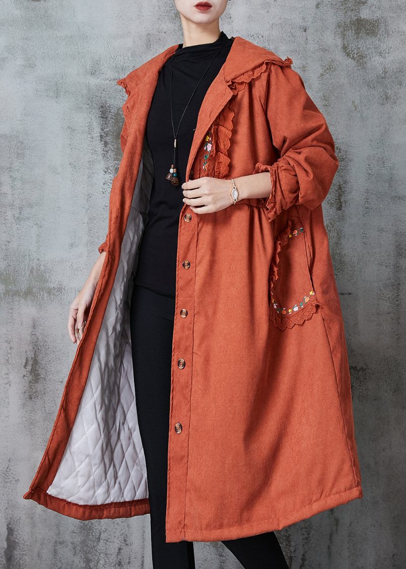 Unikt Orange Broderet Patchwork Blonde Fint Bomuldsfyldt Trenchfjeder - Dame trenchcoats