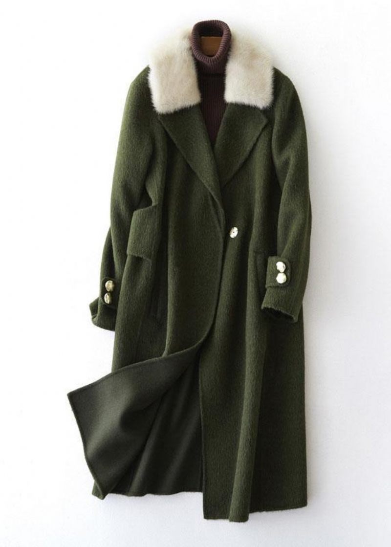 Vintage Armygrønne Uldfrakker Oversized Trenchcoat Pelskrave Damefrakker Med Hak