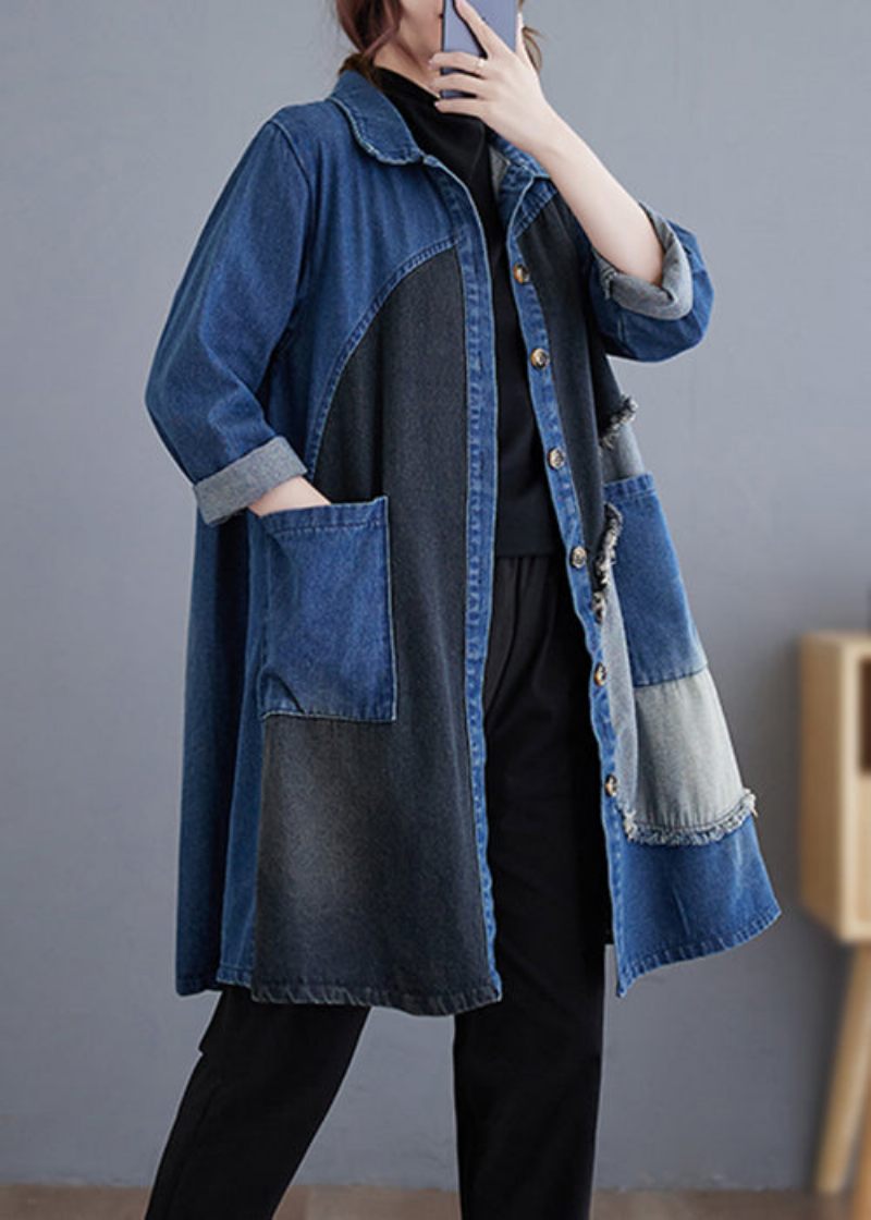 Vintage Blå Knaplommer Patchwork Denim Trench Coat Efterår