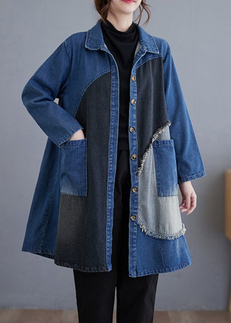 Vintage Blå Knaplommer Patchwork Denim Trench Coat Efterår - Dame trenchcoats