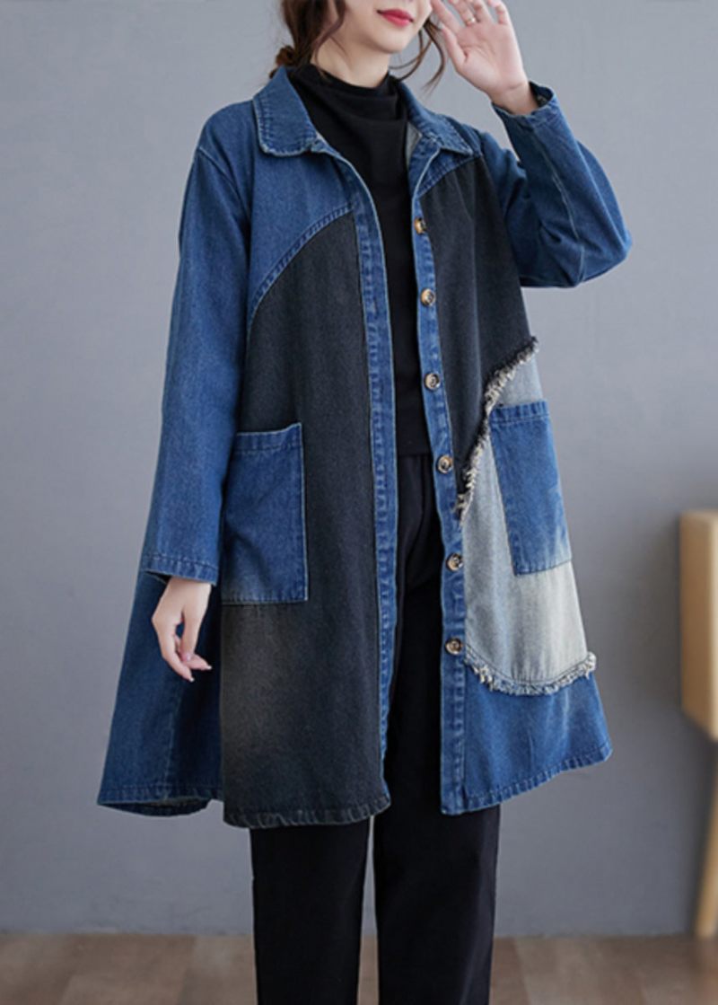 Vintage Blå Knaplommer Patchwork Denim Trench Coat Efterår - Dame trenchcoats