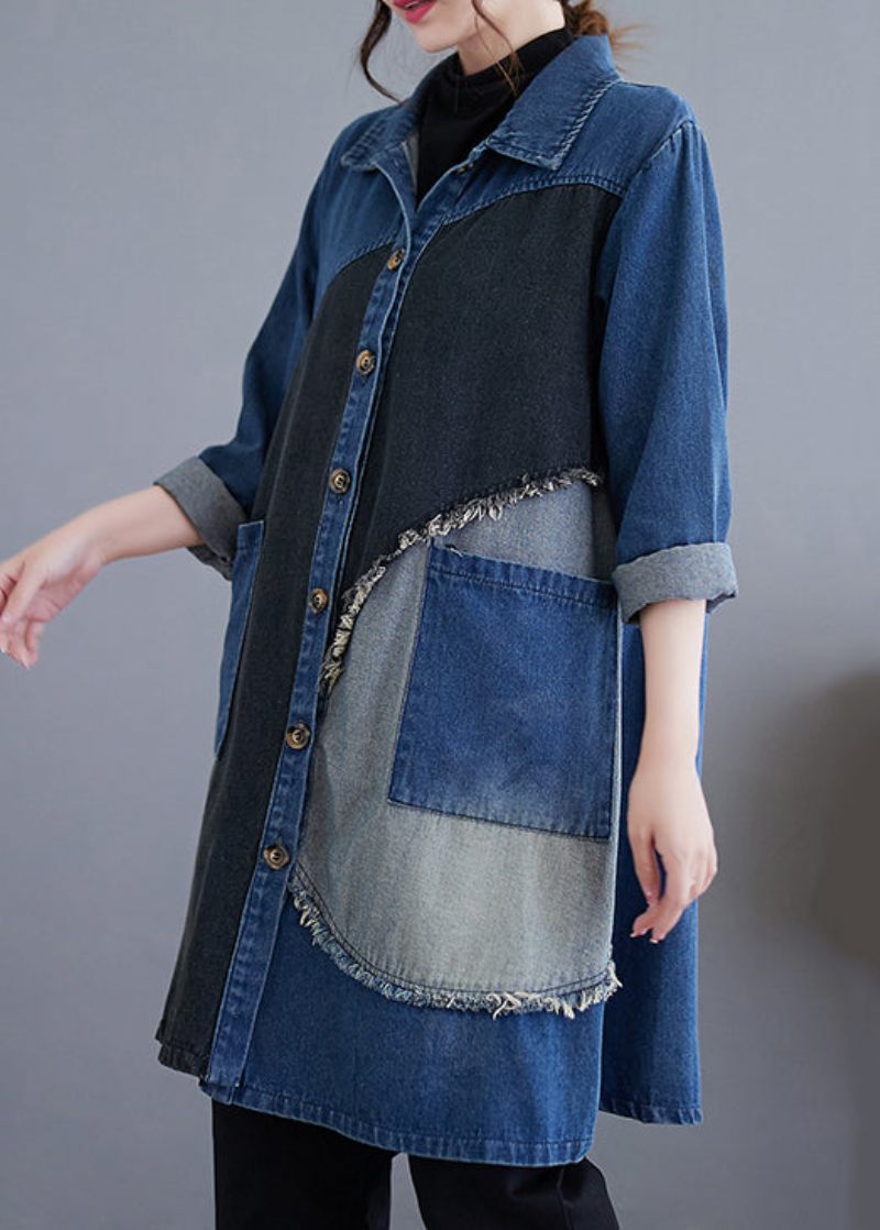 Vintage Blå Knaplommer Patchwork Denim Trench Coat Efterår - Dame trenchcoats