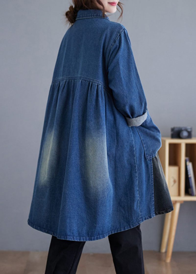 Vintage Blå Knaplommer Patchwork Denim Trench Coat Efterår - Dame trenchcoats