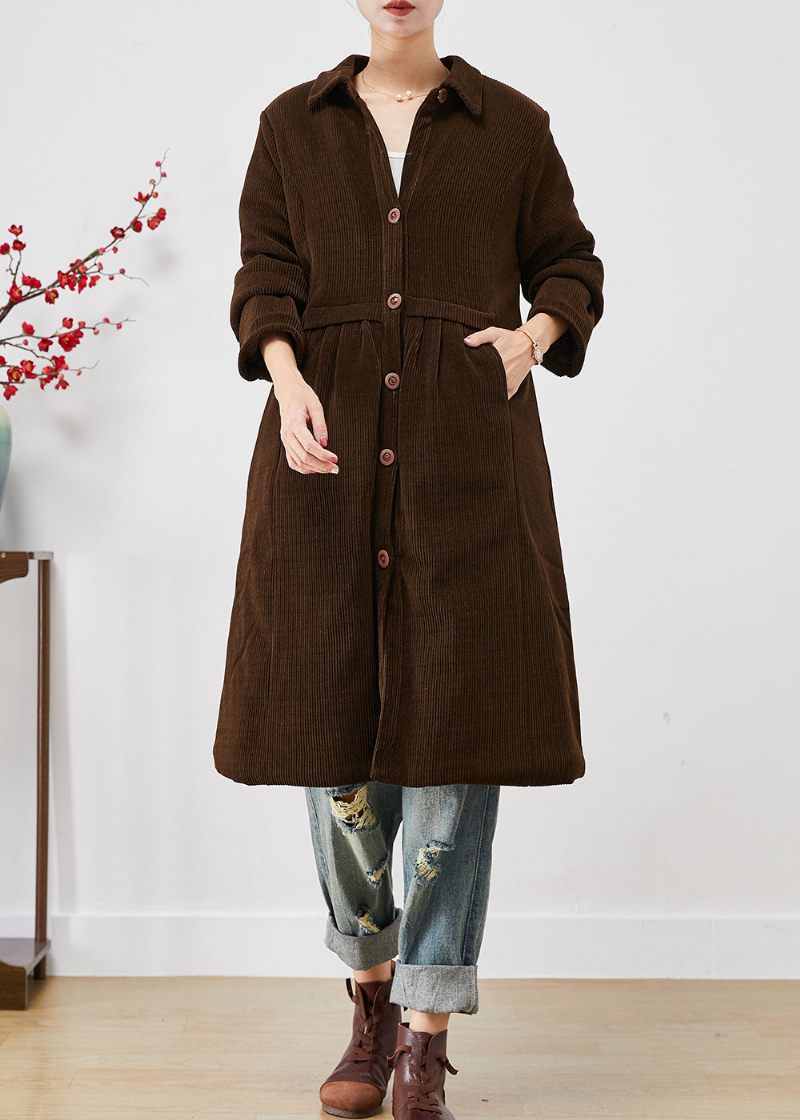 Vintage Chokolade Varm Fin Bomuld Fyldt Corduroy Trench Coats Vinter - Dame trenchcoats