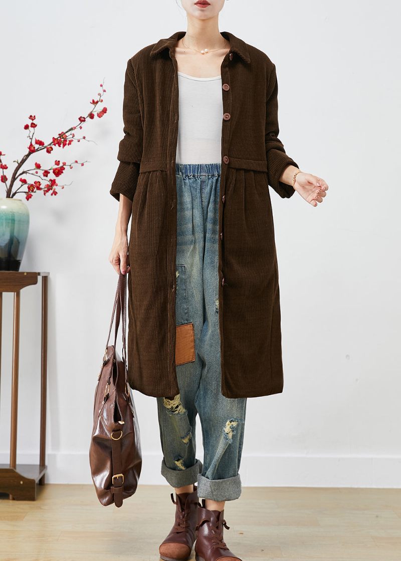 Vintage Chokolade Varm Fin Bomuld Fyldt Corduroy Trench Coats Vinter - Dame trenchcoats