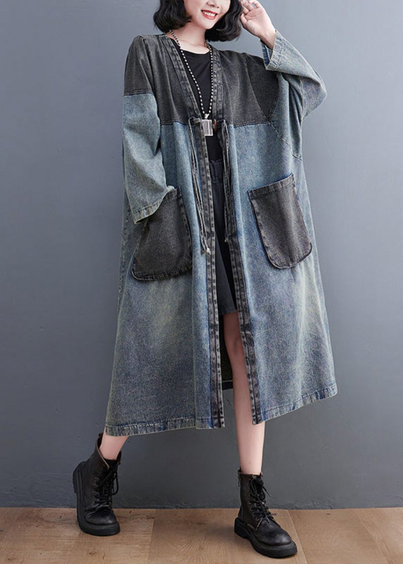 Vintage Denim Blå V-hals Patchwork Trench Coat Spring - Dame trenchcoats