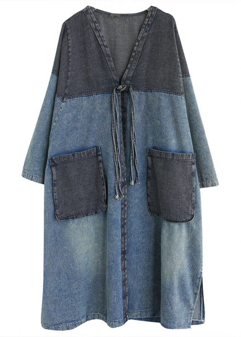 Vintage Denim Blå V-hals Patchwork Trench Coat Spring - Dame trenchcoats