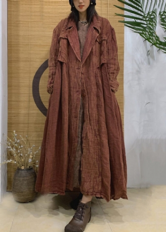 Vintage Karamel Kærv Knap Linned Trenchcoat Fjeder