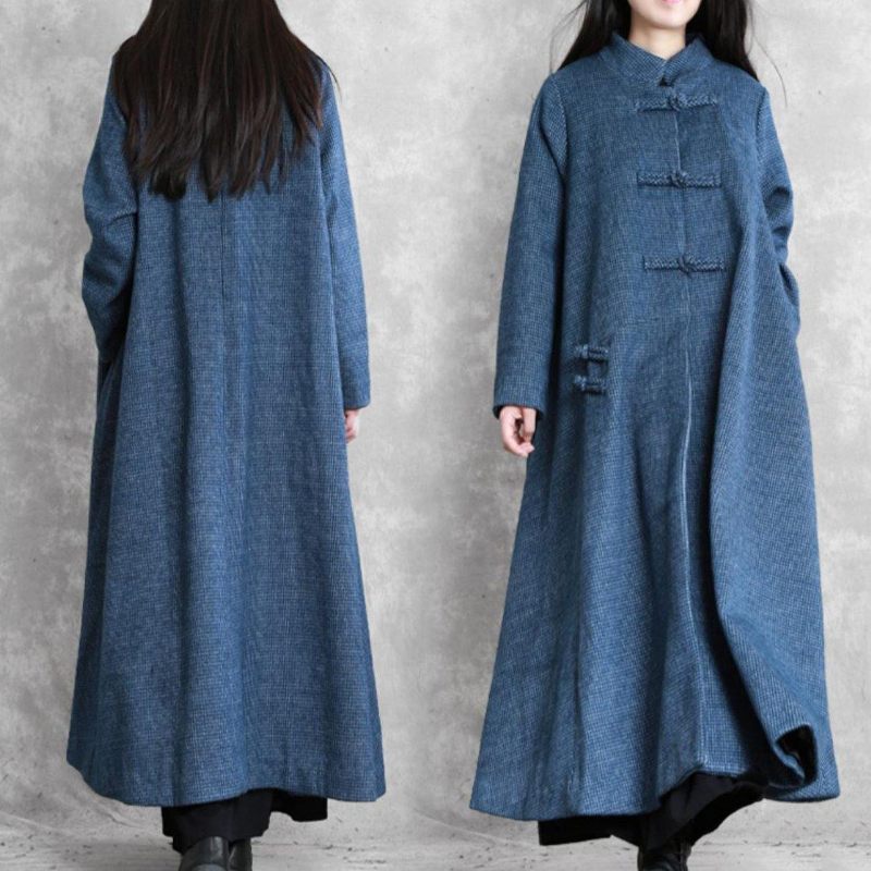 Vintage Plus Size Jakker Frakke Blå Standkrave Asymmetrisk Uldfrakker - Dame trenchcoats