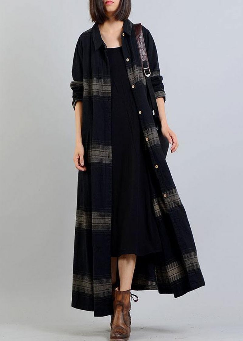 Vintage Plus Size Tøj Trenchcoat Efterår Sort Plaid Revers Knapfrakker