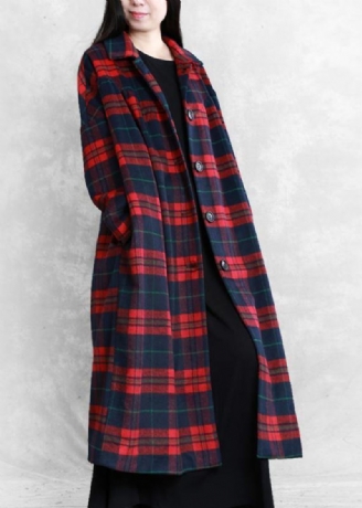 Vintage Plus Size Vinterfrakke Ulden Outwear Rød Plaid Med Hakkede Lommer Uld Overfrakke