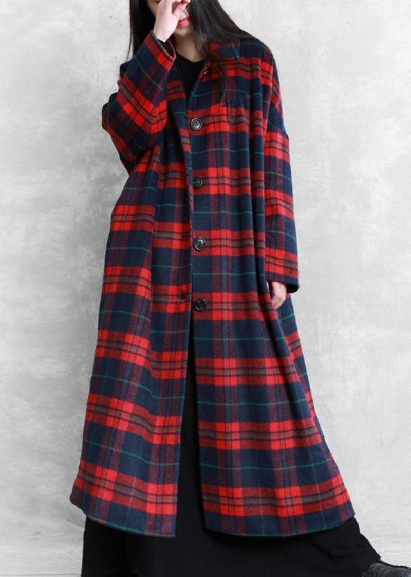 Vintage Plus Size Vinterfrakke Ulden Outwear Rød Plaid Med Hakkede Lommer Uld Overfrakke - Grøn