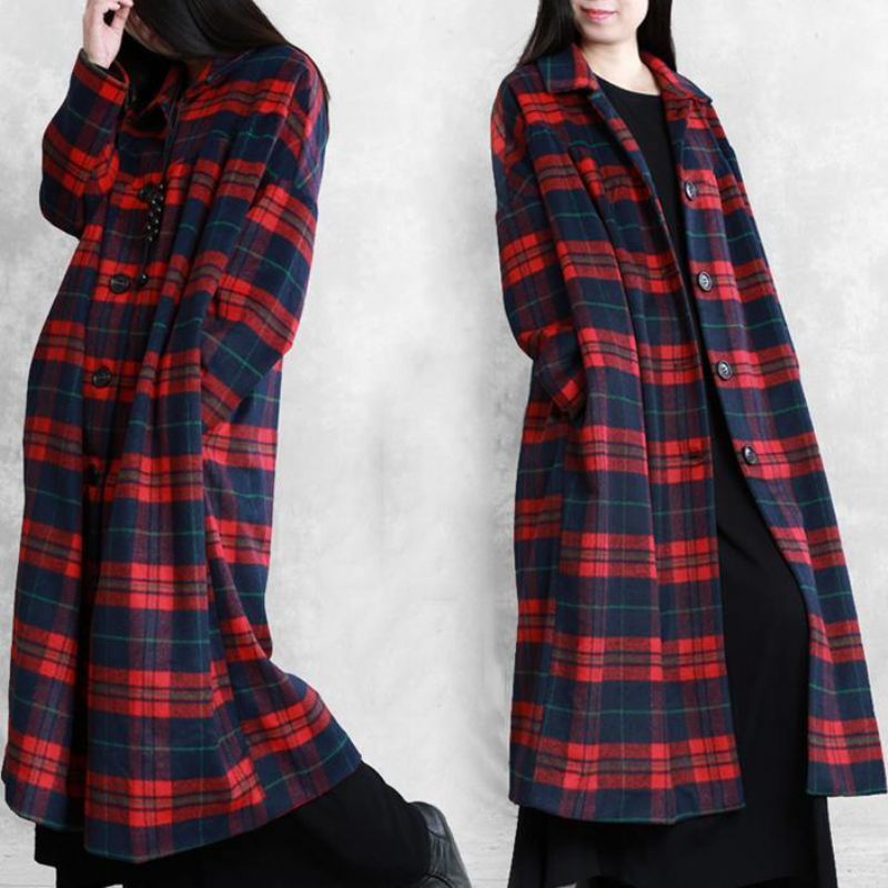 Vintage Plus Size Vinterfrakke Ulden Outwear Rød Plaid Med Hakkede Lommer Uld Overfrakke - Grøn